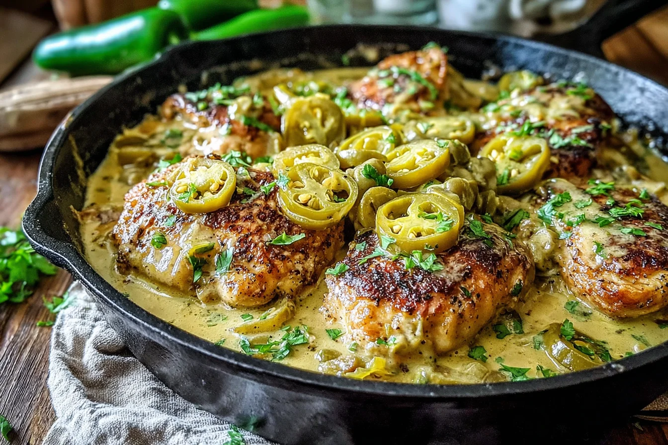 Creamy Pepperoncini Chicken Skillet Recipe with seared chicken and tangy peppers in a rich sauce