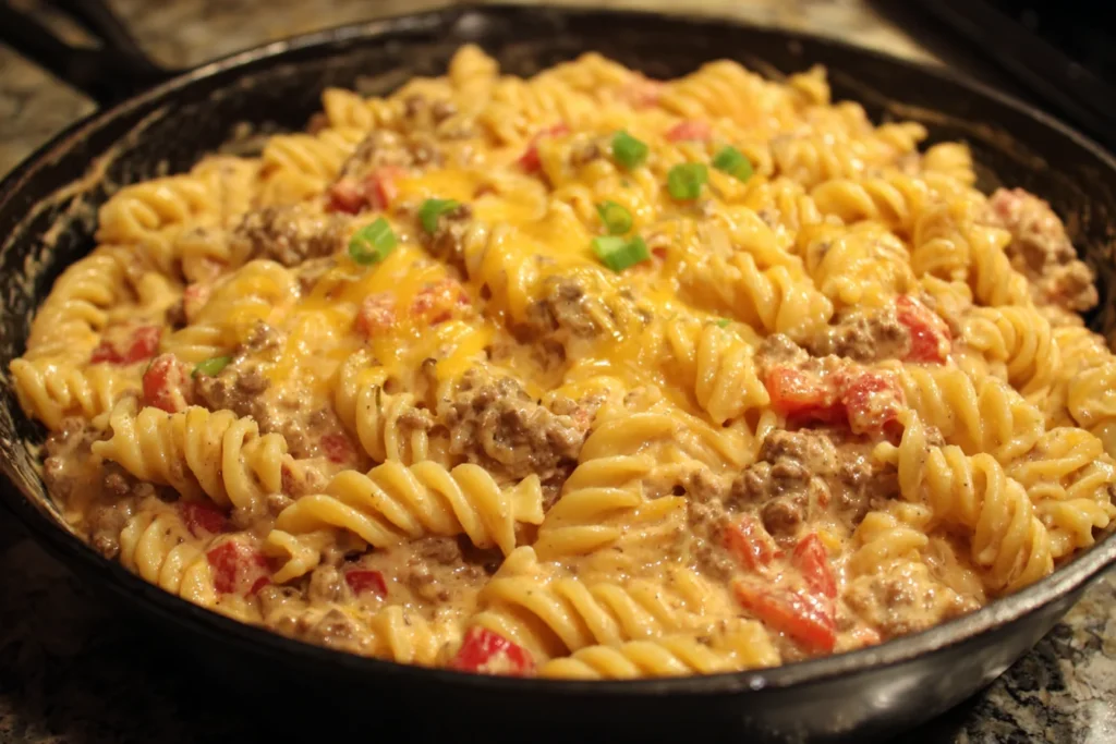 Creamy Rotel Pasta with Ground Beef in a pan with rotini pasta and cheesy tomato beef sauce