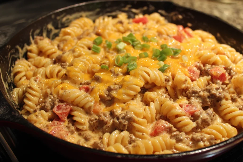 Creamy Rotel Pasta with Ground Beef in a skillet topped with melted cheese and green onions