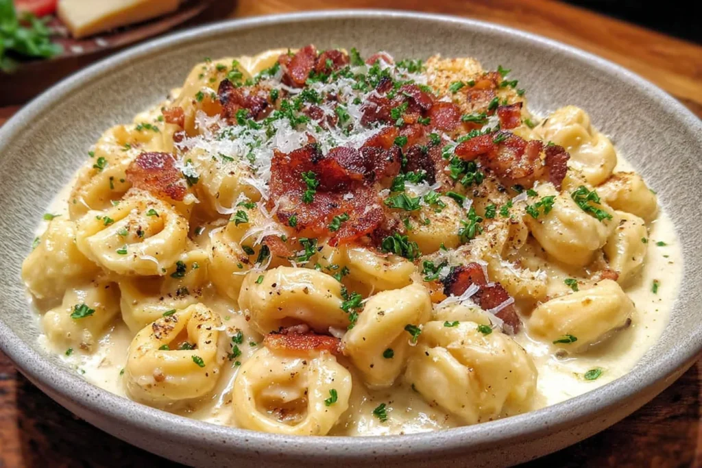 Creamy Tortellini Carbonara Recipe served in a bowl with herbs and bacon