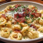 Creamy Tortellini Carbonara Recipe served in a bowl with herbs and bacon