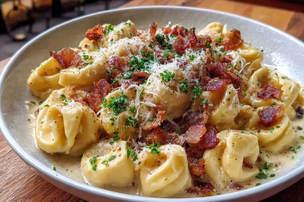 Creamy Tortellini Carbonara Recipe with crispy bacon and parmesan