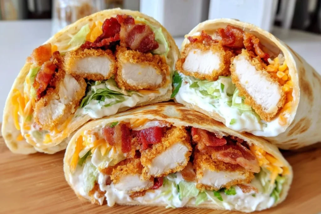 Crispy Chicken Bacon Ranch Wrap Recipe stacked halves with crispy chicken and bacon layers