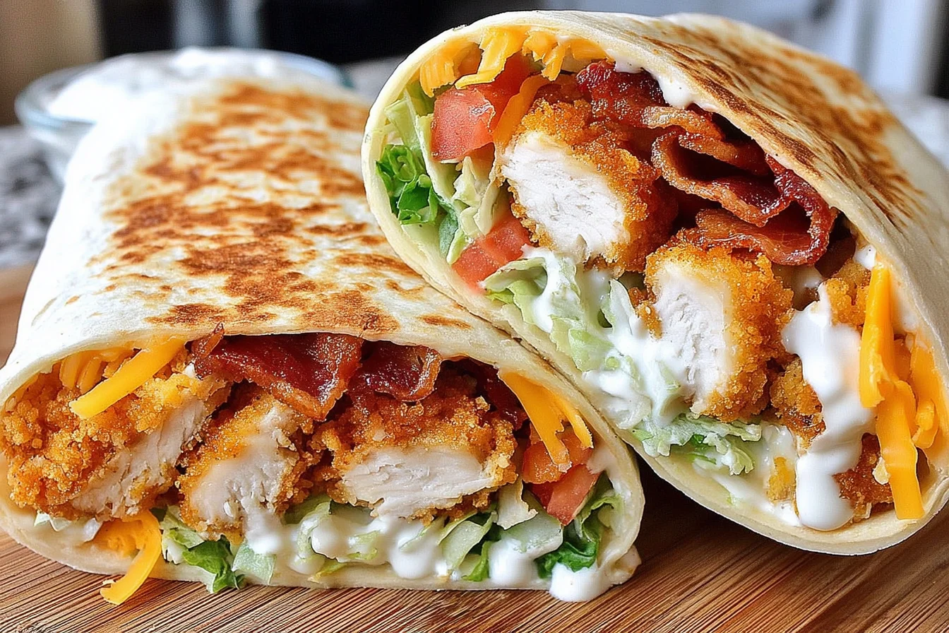 Crispy Chicken Bacon Ranch Wrap Recipe with creamy ranch drizzle and toasted tortilla
