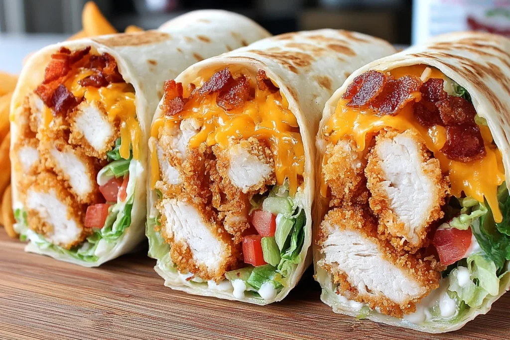 Crispy Chicken Bacon Ranch Wrap Recipe sliced with golden chicken, melted cheddar, and bacon