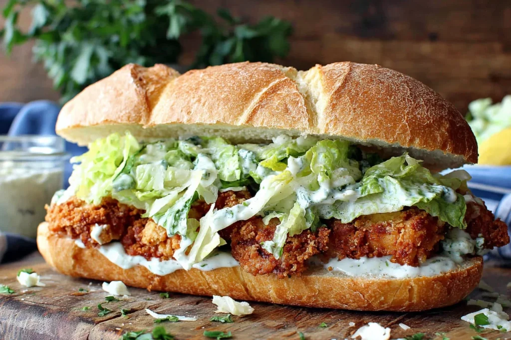 Crispy Chicken Caesar Sandwich Recipe with crunchy coating and creamy Caesar salad topping