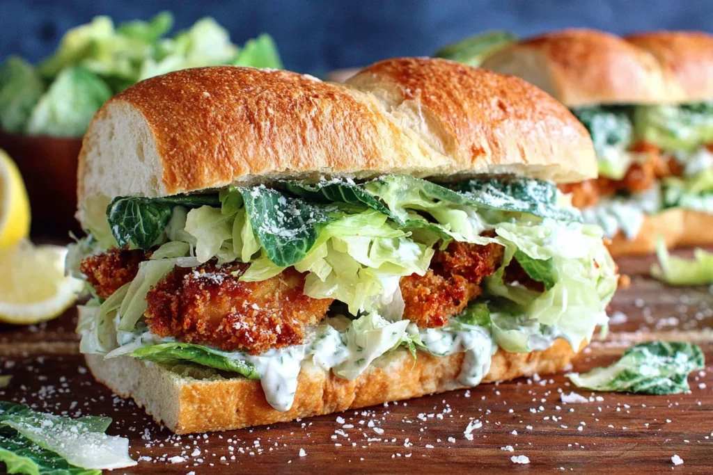 Crispy Chicken Caesar Sandwich Recipe served with fresh romaine and parmesan on toasted bread