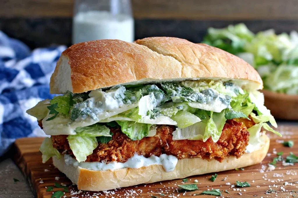 Crispy Chicken Caesar Sandwich Recipe with golden fried chicken and creamy dressing on crusty bread