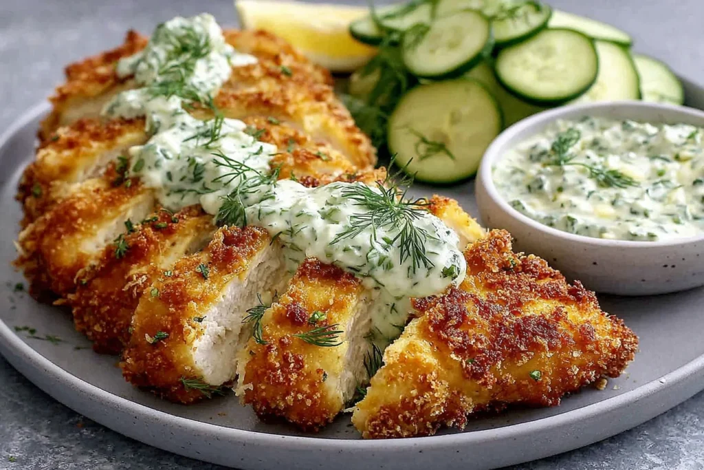 Crispy Dill Pickle Parmesan Chicken Recipe plated with dill sauce, lemon wedge, and cucumber slices