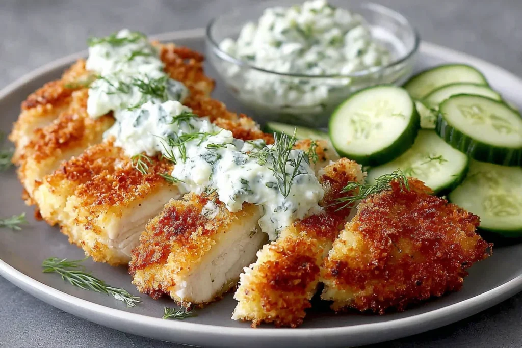 Sliced Crispy Dill Pickle Parmesan Chicken Recipe showing juicy interior and crunchy coating