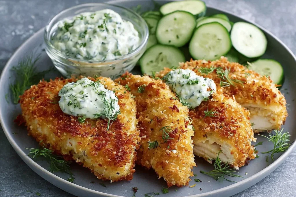 Crispy Dill Pickle Parmesan Chicken Recipe served with creamy dill sauce and fresh cucumber slices