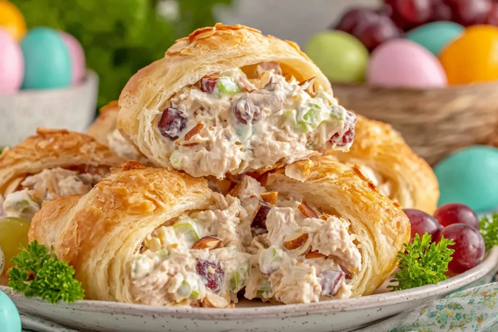 Crispy Easter Chicken Salad Crescent Rolls on a spring table with pastel eggs, parsley, grapes, and flaky pastry layers