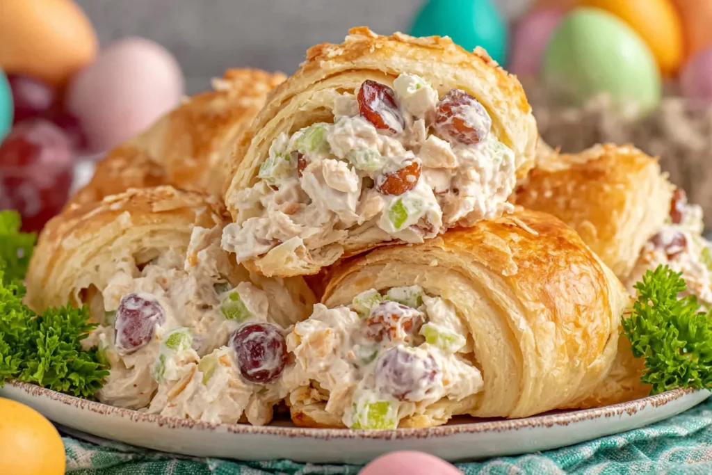 Crispy Easter Chicken Salad Crescent Rolls stacked on a plate with creamy chicken salad, celery, grapes, and toasted almonds