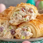 Crispy Easter Chicken Salad Crescent Rolls stacked on a plate with creamy chicken salad, celery, grapes, and toasted almonds