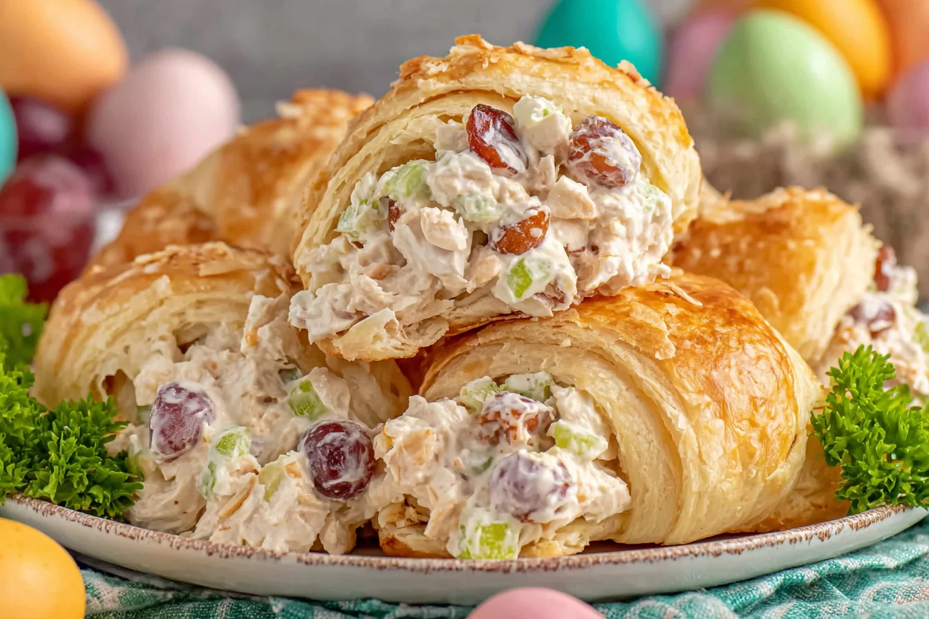 Crispy Easter Chicken Salad Crescent Rolls stacked on a plate with creamy chicken salad, celery, grapes, and toasted almonds
