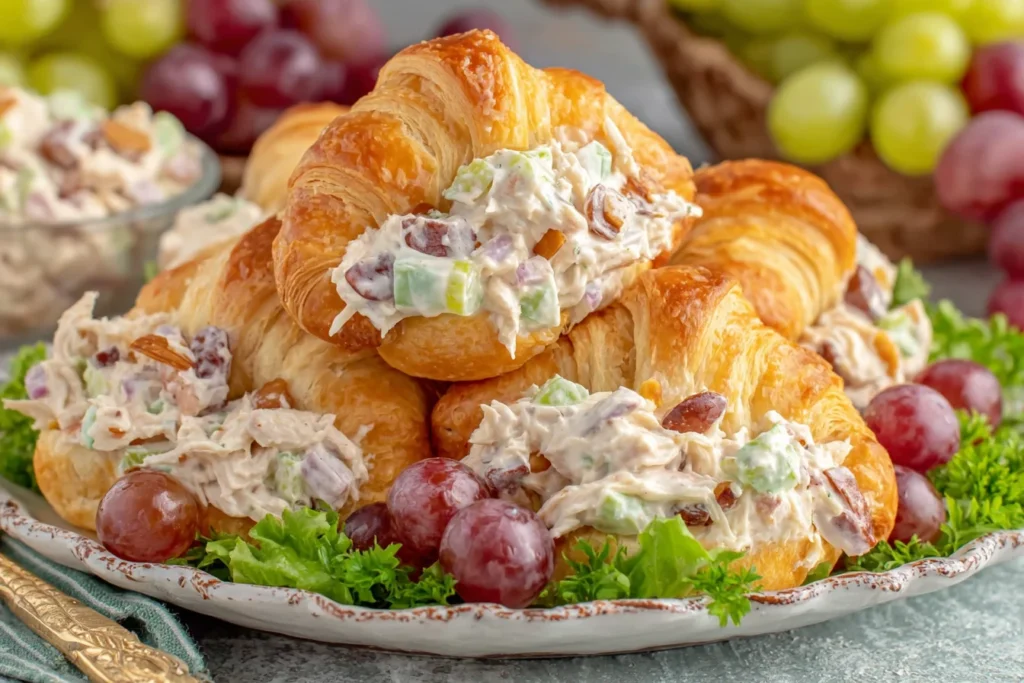 Crispy Easter Chicken Salad Crescent Rolls served on a platter with grapes, parsley, and flaky golden croissants