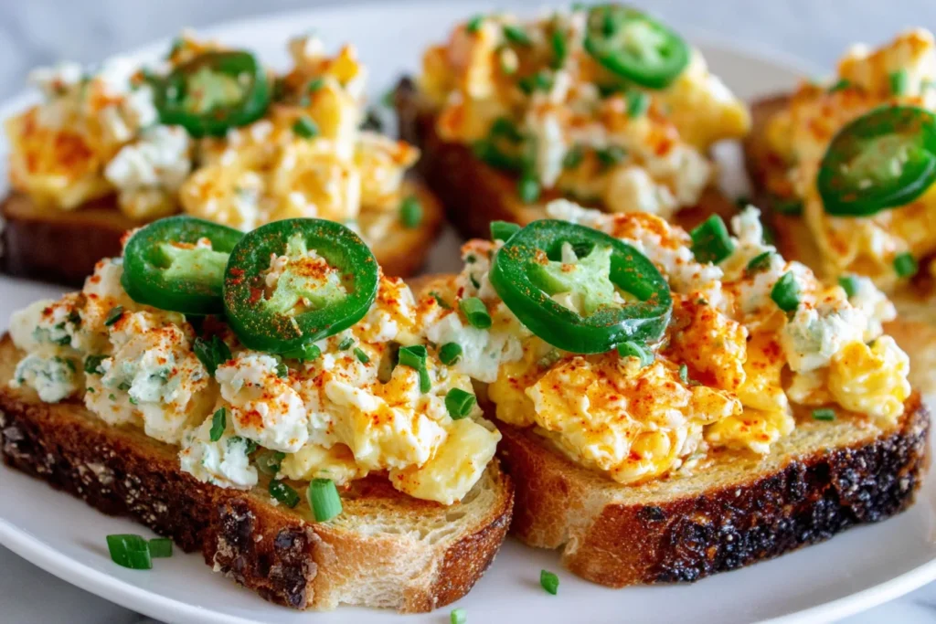 Crispy Egg Salad bites on toasted slices with jalapeño and paprika seasoning