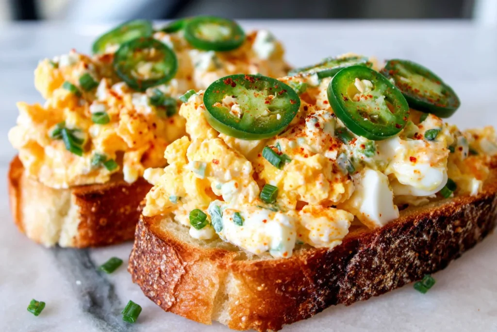 Crispy Egg Salad served on toasted bread with jalapeños and chives