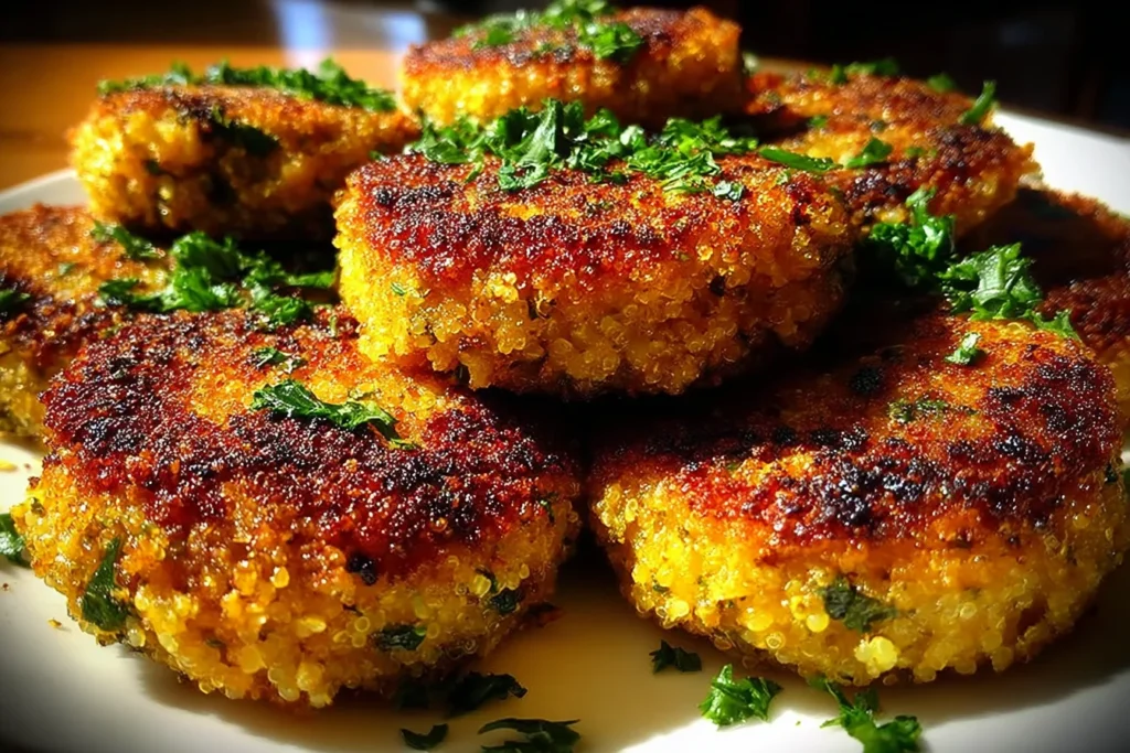 Crispy Lemon Garlic Chickpea Patties golden brown and crunchy topped with fresh parsley on a plate