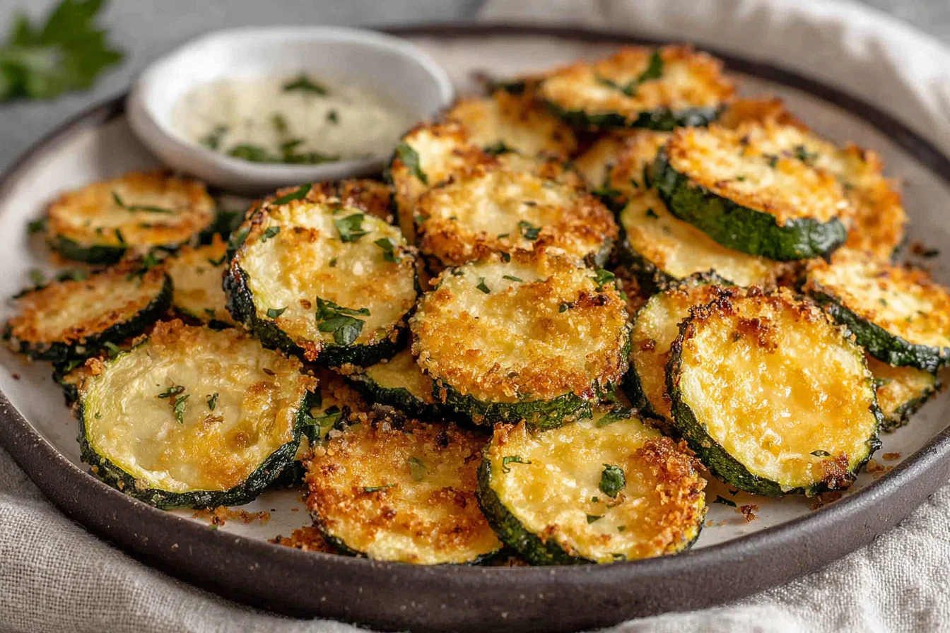 Crispy Zucchini Chips Recipe on a plate with garlic parmesan seasoning and herbs