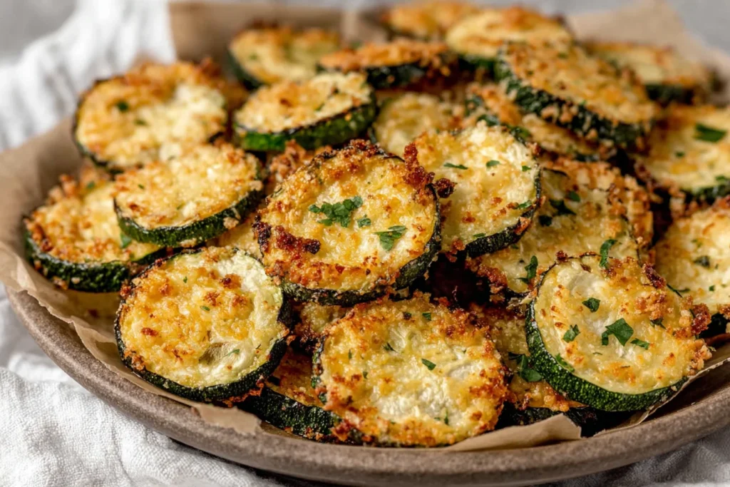 Crispy Zucchini Chips Recipe baked with parmesan and herbs on a serving plate