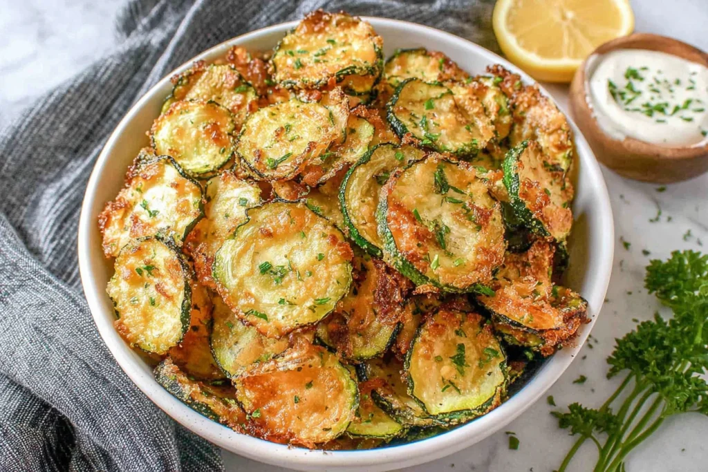 Crispy Zucchini Chips Recipe served in a bowl with dipping sauce and fresh herbs
