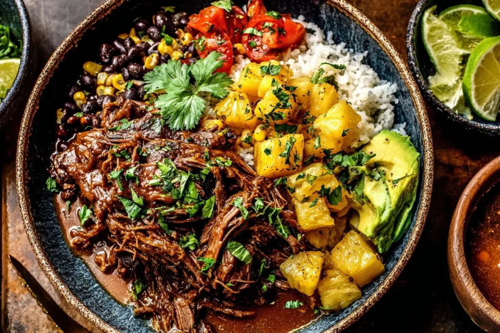 Crockpot Chipotle Pineapple Pot Roast Bowl with black beans, corn, rice, and fresh cilantro