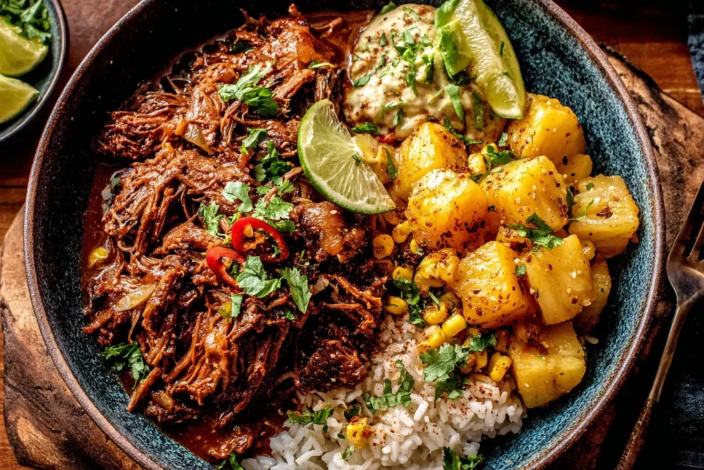 Crockpot Chipotle Pineapple Pot Roast Bowl with creamy drizzle, pineapple, rice, and cilantro