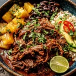 Crockpot Chipotle Pineapple Pot Roast Bowl with lime, avocado, rice, and spicy peppers