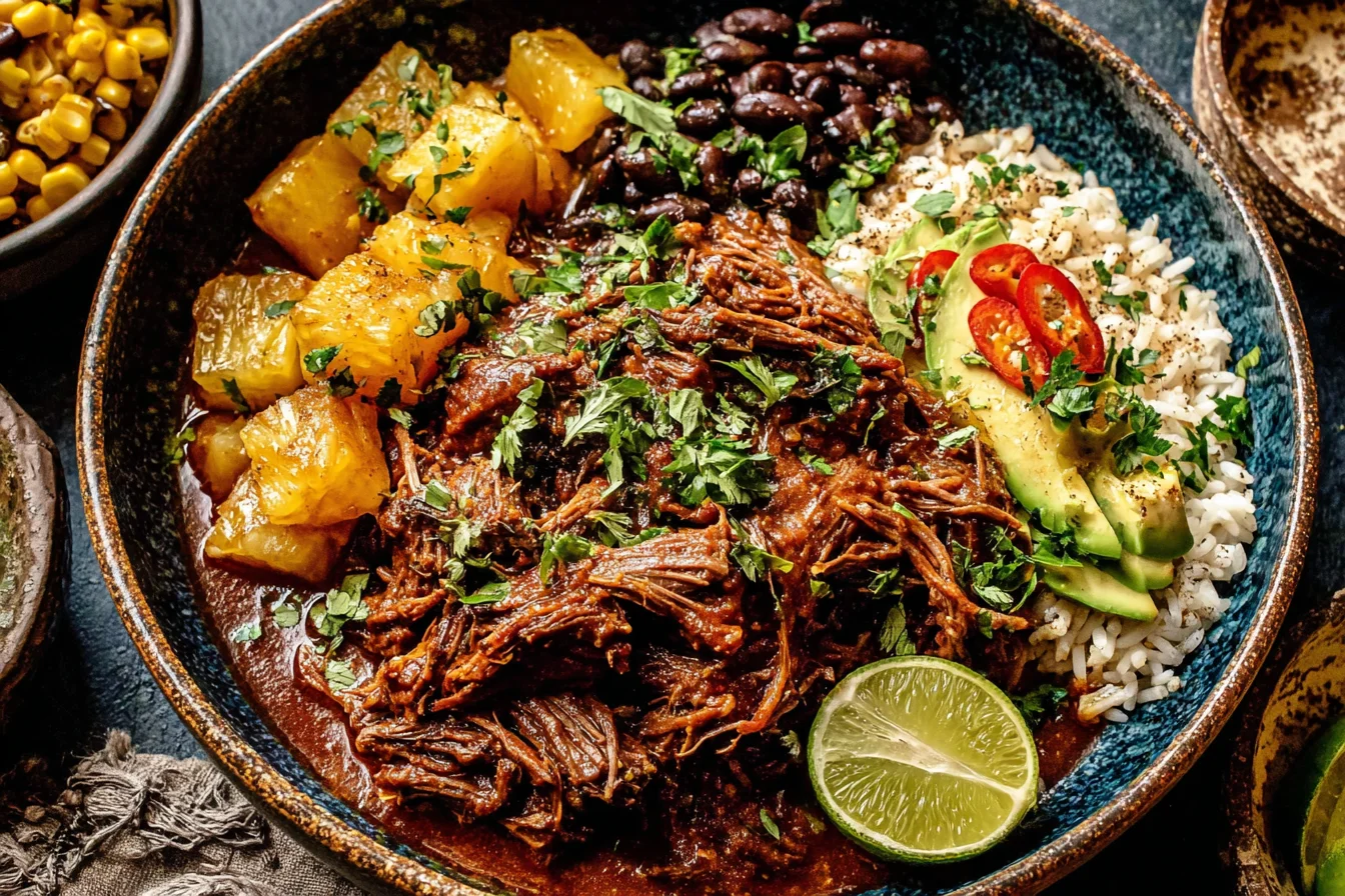 Crockpot Chipotle Pineapple Pot Roast Bowl with lime, avocado, rice, and spicy peppers