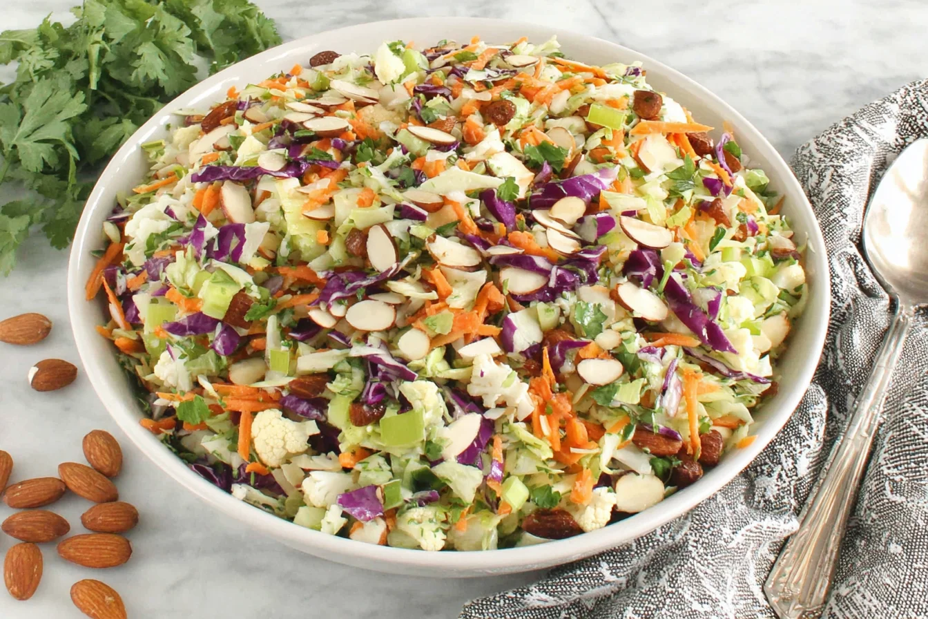 Colorful Crunchy Detox Salad with raisins, almonds, and fresh parsley in a large serving bowl