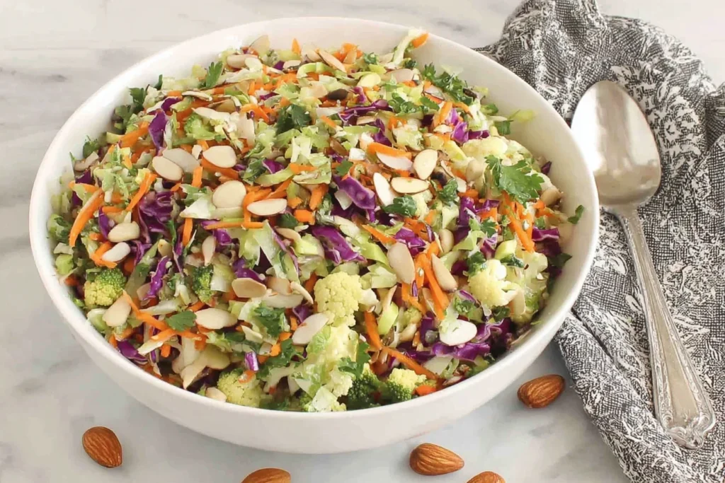 Crunchy Detox Salad with broccoli, cauliflower, cabbage, carrots, and sliced almonds in a white bowl