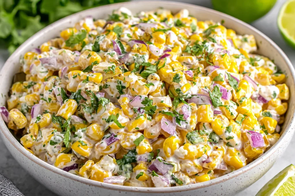 Delicious Street Corn Salad with Greek Yogurt mixed with red onion and fresh herbs