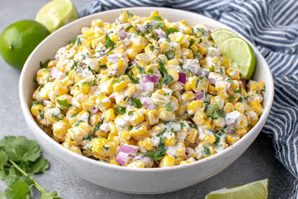 Delicious Street Corn Salad with Greek Yogurt in a bowl with lime and cilantro