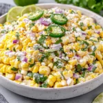 Delicious Street Corn Salad with Greek Yogurt topped with jalapeños and cotija cheese