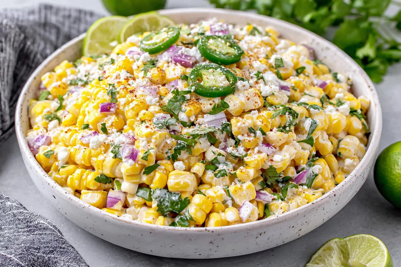 Delicious Street Corn Salad with Greek Yogurt topped with jalapeños and cotija cheese