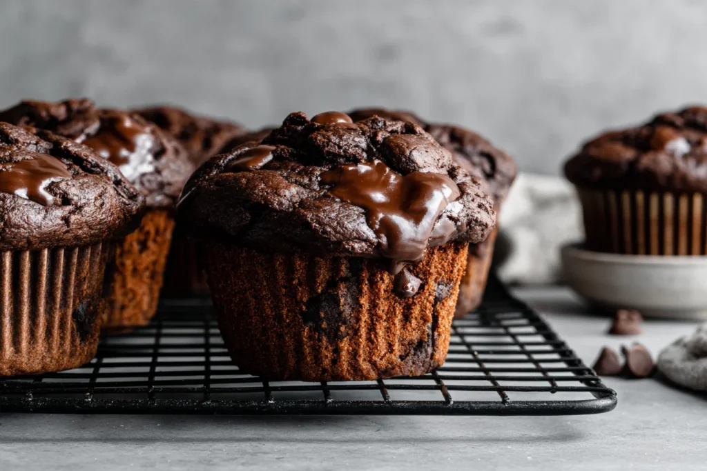 Double Chocolate Banana Muffins Recipe cooling on rack with melted chocolate topping