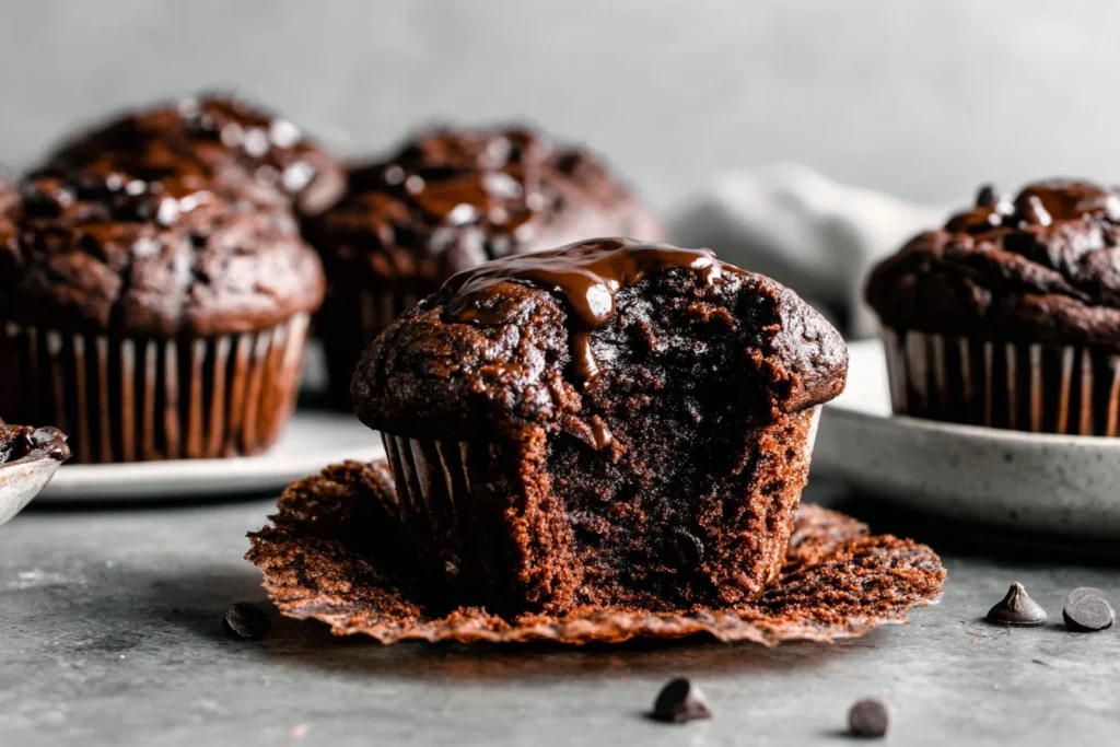Double Chocolate Banana Muffins Recipe with gooey chocolate center and moist texture