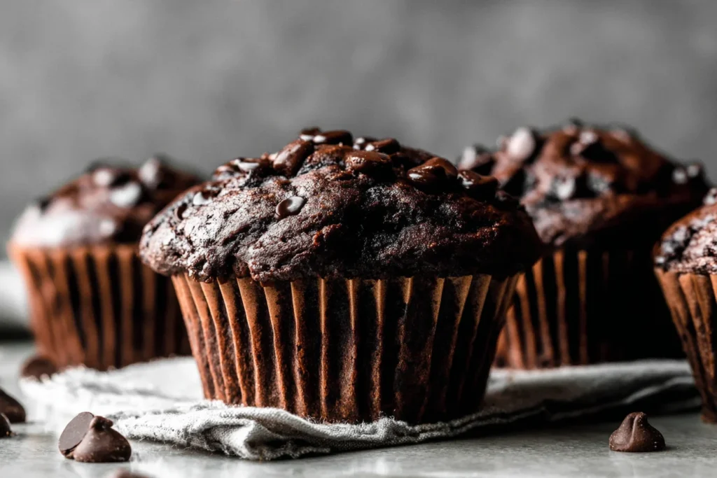 Double Chocolate Banana Muffins Recipe with rich chocolate chips on top