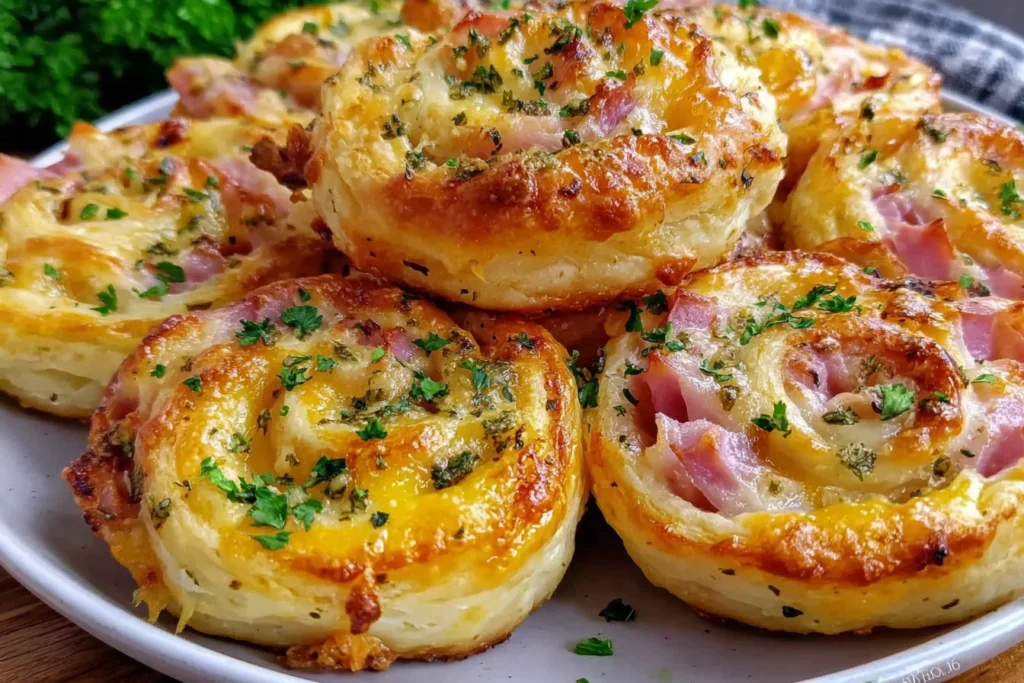 Plate of Easter Ham and Cheddar Pinwheels garnished with fresh parsley