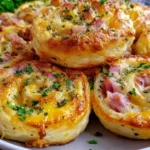 Plate of Easter Ham and Cheddar Pinwheels garnished with fresh parsley