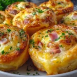 Close-up of Easter Ham and Cheddar Pinwheels with gooey cheese and crispy edges