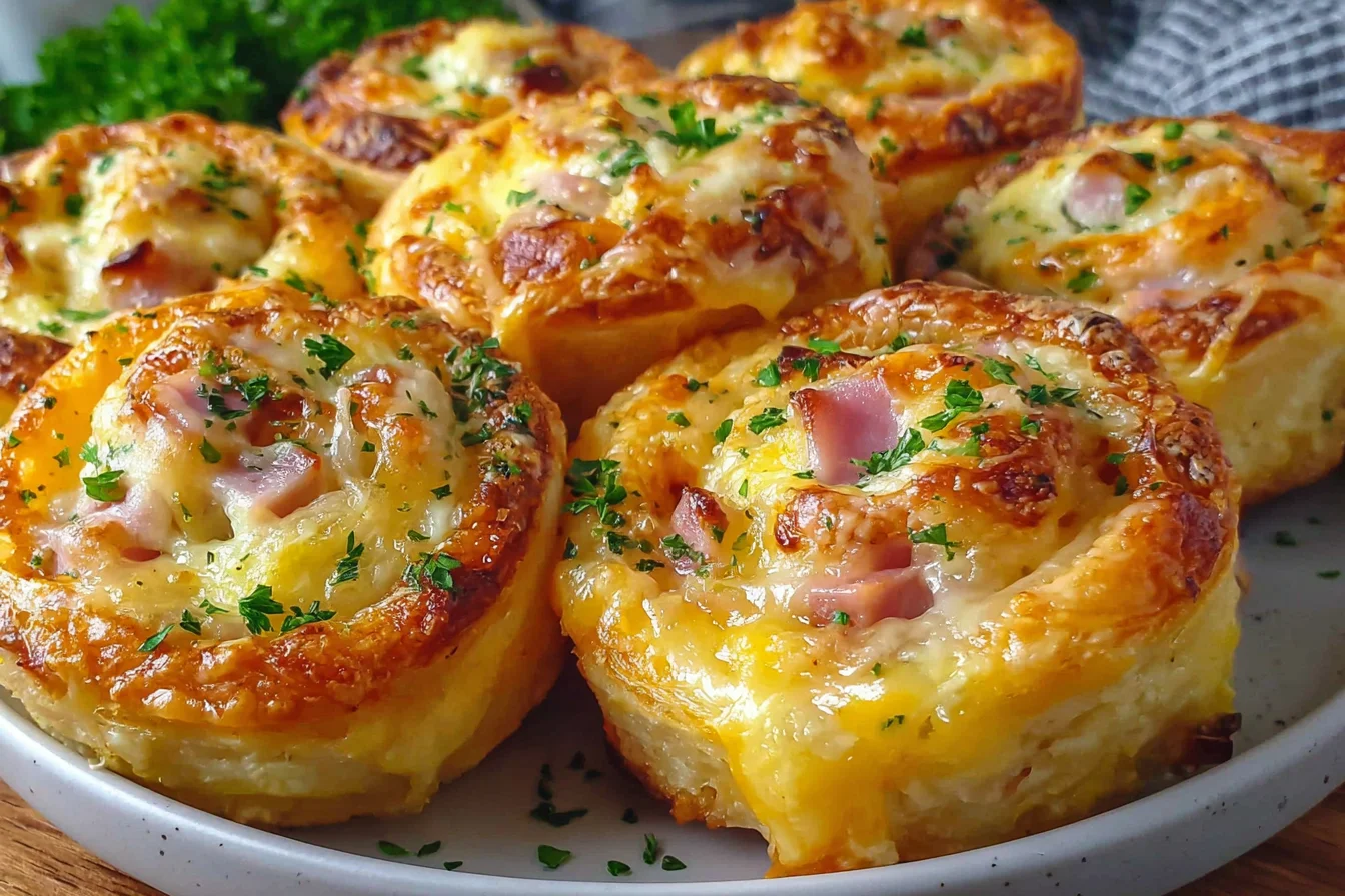 Close-up of Easter Ham and Cheddar Pinwheels with gooey cheese and crispy edges