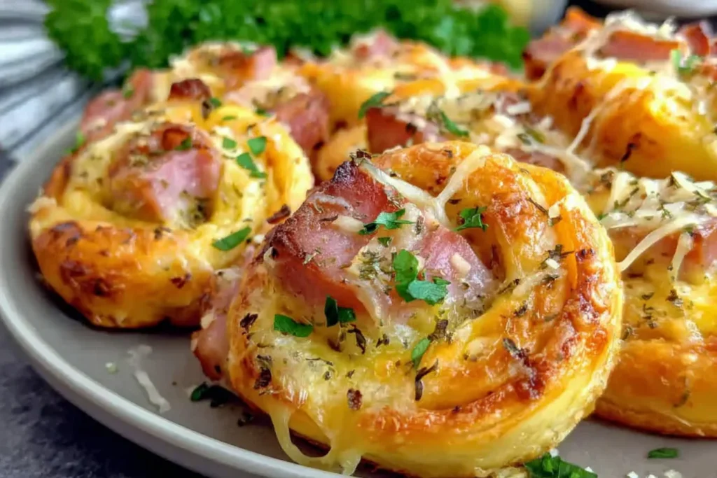 Easter Ham and Cheddar Pinwheels baked golden with melted cheese and herbs