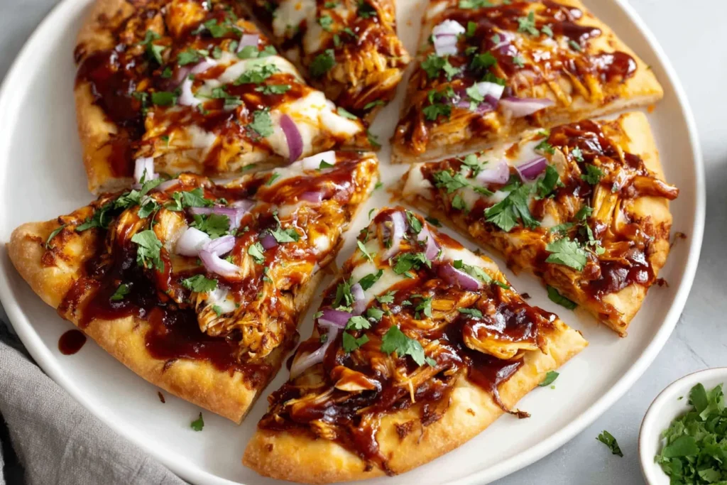 Easy BBQ Chicken Flatbread Recipe plated with crispy crust, melted cheese, and fresh cilantro