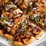 Easy BBQ Chicken Flatbread Recipe plated with crispy crust, melted cheese, and fresh cilantro