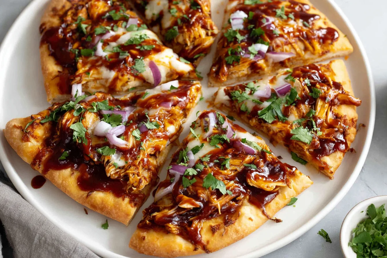 Easy BBQ Chicken Flatbread Recipe plated with crispy crust, melted cheese, and fresh cilantro