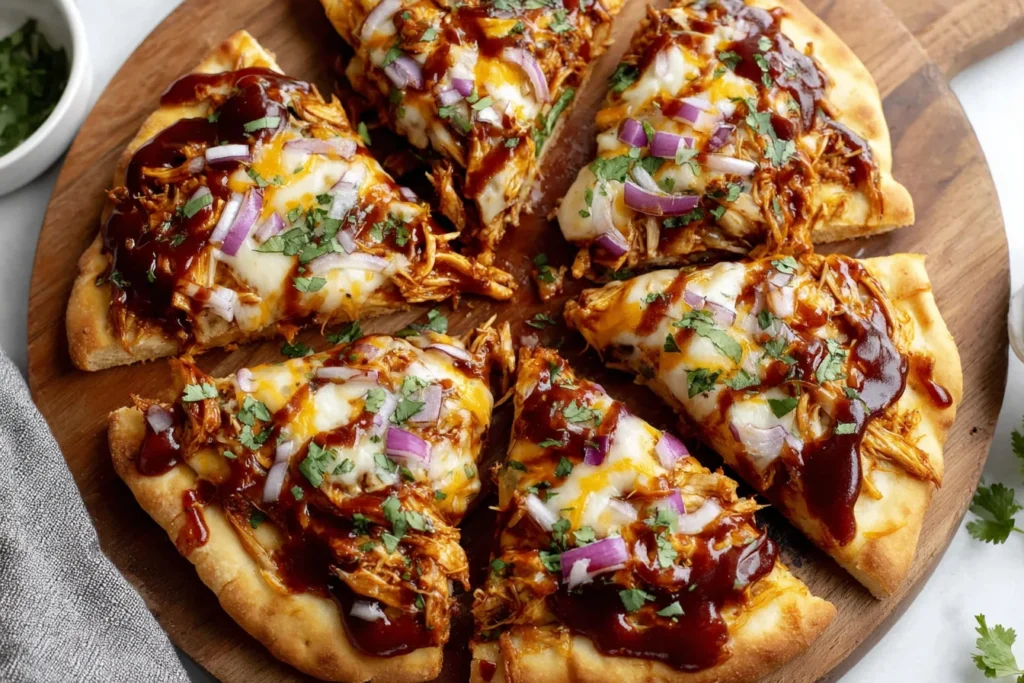 Easy BBQ Chicken Flatbread Recipe served on a wooden board with shredded chicken and BBQ sauce