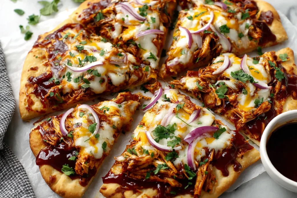 Easy BBQ Chicken Flatbread Recipe sliced with melted cheese, red onions, and fresh herbs