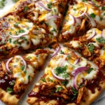 Easy BBQ Chicken Flatbread Recipe sliced with melted cheese, red onions, and fresh herbs